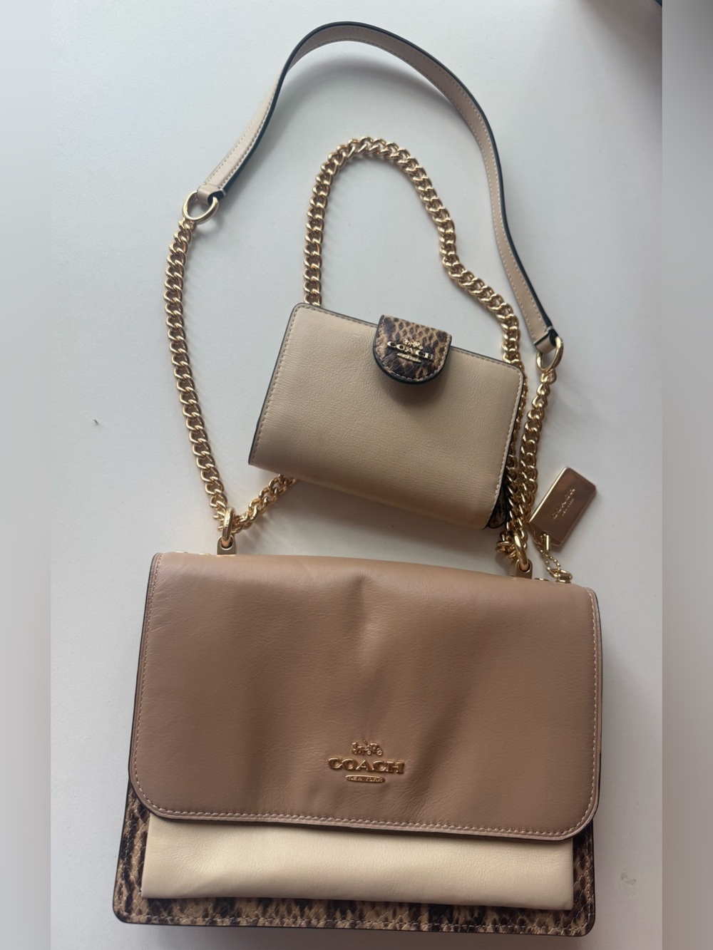 COACH Two-Tone Beige & Cream Leather Crossbody with Gold Chain + matching wallet
